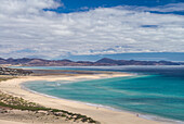 Spain, Canary Islands, Fuerteventura Island, Costa Calma, high angle view of Playa de Sotavento beach