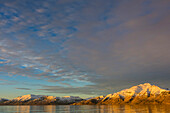 Greenland. Kong Oscar Fjord. Sunset light on the snowy mountains.