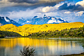 Grey Lake Paine Horns three granite peaks, Torres del Paine National Park, Patagonia, Chile.