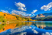 USA, Colorado, Telluride, Trout Lake. Fall sunset on lake