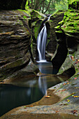 Robinson Falls, auch bekannt als Corkscrew Falls, schneidet sich durch eine kleine Schlucht aus Black Hand Sandstone. Boch Hollow State Naturschutzgebiet. Hocking Hills, Ohio