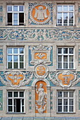Details in the facade of the Ruffinihaus at Rindermarkt, Munich, Upper Bavaria, Bavaria, Germany