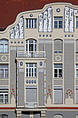 Details in der Fassade Dülferhaus, Leopoldstrasse, Schwabing, München, Oberbayern, Bayern, Deutschland