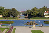 View from the outside staircase on the city side of Nymphenburg Palace on the Nymphenburg Palace Canal, Nymphenburg, Munich, Upper Bavaria, Bavaria, Germany