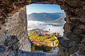 View from Dürnstein castle ruins on Dürnstein and the Danube valley in Wachau, Lower Austria, Austria