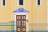 Portal of the Church of Nossa Senhora da Guadelupe with blue and white azulejo tiles in the town of Guadelupe on the island of São Tomé in West Africa