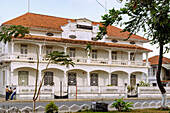 former colonial buildings on Rua Angola at Praça da Independencia in the center of São Tomé on the island of São Tomé in West Africa