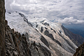 View from the Aiguille du Midi of the Bessons Glacier and Mont Blanc, Vallée de Chamonix-Mont-Blanc, Le Mont-Blanc, Bonneville, Haute-Savoie, Auvergne-Rhône-Alpes, France