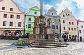 Town Square with Marian Column in Cesky Krumlov, South Bohemia, Czech Republic