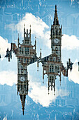 Double exposure photo of the skyline of Gent seen from the Graslei.
