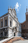 Overlooking the Campo Santi Giovanni e Paolo with the white facade of Scuola Grande di San Marco near the church of Santi Giovanni e Paolo, Venice, Veneto, Italy