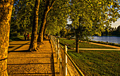 Spaziergänger und Jogger im Abendlicht, Promenade de Allier und Parc Napoléon III, Vichy, Auvergne-Rhône-Alpes, Frankreich