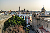 View from the Metropol Parasol of the Cathedral and Iglesia de la Anunciación Church, Seville, Andalusia, Spain