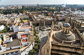 View from the Cathedral on Plaza del Triunfo, Alcázar Royal Palace and the old town of Seville Andalusia, Spain