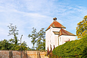 Weather tower with stork's nest and city fortifications in Straubing in Lower Bavaria in Germany