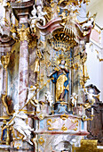 Miraculous image of the Sorrowful Mother of God with Protzengele and Plärrengele in the pilgrimage church of the Sorrowful Mother of God and St. Ulrich in Maria Steinbach in the Unterallgäu in Bavarian Swabia in Germany
