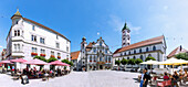 Market square with Hinderofenhaus, Pfaffenturm, town hall and parish church of St. Martin in the old town of Wangen in the Westallgäu in Baden-Württemberg in Germany