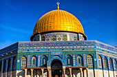 Dome of the Rock Arch, Temple Mount, Jerusalem, Israel. Built in 691 One of most sacred spots in Islam where Prophet Mohamed ascended to heaven on an angel in his 'night journey'. The Dome covers the rock where Abraham was to sacrifice Isaac.