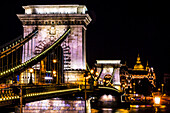 Chain Bridge, St. Stephens. Danube River Reflection, Budapest, Hungary
