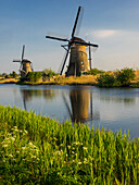 Niederlande, Kinderdijk, Windmühlen mit Abendlicht entlang der Kanäle von Kinderdijk