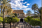 Orange courtyard and entrance to the Mezquita - Catedral de Córdoba in Cordoba, Andalusia, Spain