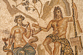 Römisches Mosaik von Polyphem und Galatea, Halle der Mosaiken, Alcázar de los Reyes Cristianos in Cordoba, Andalusien, Spanien 