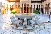Löwenhof mit dem Löwenbrunnen, Welterbe Alhambra in Granada, Andalusien, Spanien  