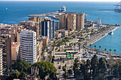 High-rise buildings and Muelle Uno harbor promenade with the Pompidou Museum seen from above, Malaga, Andalusia, Spain