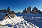 View from Sexten Stein to the Drei Zinnen and Paternkofel, Dolomites, South Tyrol, Italy.