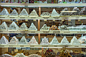 Turkish sweets in a shop window, North Nicosia or Lefkosa, Turkish Republic of Northern Cyprus, Europe
