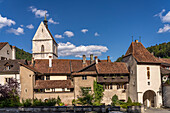 City gate Porte Saint-Paul, collegiate church and old town of Saint-Ursanne, Switzerland, Europe