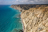 Beach on the cliffs of Cape Aspro near Pissouri seen from the air, Cyprus, Europe