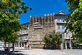 Inscription Aqui nasceu Portugal - Portugal was born here - on the tower of the old city wall Torre de Alfandega in Guimaraes, Portugal, Europe