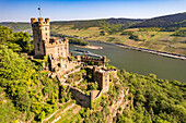 Sooneck Castle and the Rhine near Niederheimbach, World Heritage Upper Middle Rhine Valley, Rhineland-Palatinate, Germany