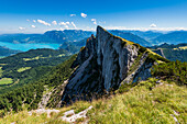 View from the Schafberg on the Spinnerin, the Attersee and the Höllengebirge, Salzkammergut, Austria