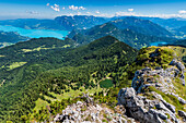 View from the Schafberg on the Attersee, the Mittersee, the Mönichsee and the Höllengebirge, Salzkammergut, Upper Austria, Austria