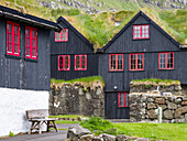 The Kings Farm in Kirkjubour (Kirkjboargardur, Roykstovan), the oldest still inhabited wooden house in Europe and the oldest still inhabited farm house dating back to the age of the Norse (Vikings) in Faroe. Denmark, Faroe Islands