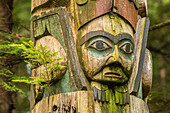 USA, Alaska, Prince of Wales Island, Kasaan. Close-up of totem carving