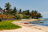 Boote, Palmen und Häuser in einer Bucht mit Sandstrand bei Bain Boeuf auf Mauritius, Indischer Ozean