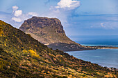 View of the prominent Le Morne Brabant mountain from the Le Morne Tamarin viewpoint in southwest Mauritius, Indian Ocean