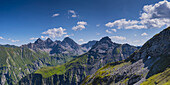 Panorama from Wildengundkopf, Öfnerspitze, 2576m, and Großer Krottenkopf, 2656m Allgäu Alps, Allgäu, Bavaria, Germany, Europe