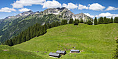 Hintere Einödsberg Alpe am Wildengundkopf, dahinter die Schafalpenköpfe, Allgäuer Alpen, Allgäu, Bayern, Deutschland, Europa