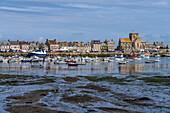 Cityscape with harbor and St-Nicolas Church in Barfleur, Normandy, France