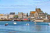 Cityscape with harbor and St-Nicolas Church in Barfleur, Normandy, France