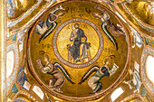 Byzantine ceiling mosaics depicting Jesus Christ as Pantocrator and Archangels in the interior of the Church of Santa Maria dell'Ammiraglio, Palermo, Sicily, Italy, Europe