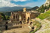 The ancient theater Teatro Greco, Taormina and Mount Etna, Taormina, Sicily, Italy, Europe