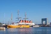 Hotel ship at the NDSM center with hotel and office building at Houthhavens Hafen, Amsterdam, Benelux, Benelux countries, North Holland, Noord-Holland, Netherlands