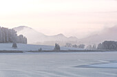 Blick auf den gefrorenen Illasbergsee, am Forggensee im Winter, im Hintergrund die Tannheimer Berge, Allgäu, Bayern, Deutschland, Europa