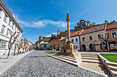 Trencin Peace Square with Plague Column and Castle Trencin, West Slovakia, Slovakia