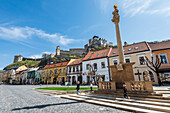 Trencin Peace Square with Plague Column and Castle Trencin, West Slovakia, Slovakia